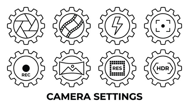 Camera settings icons in line art including aperture film speed record resolution and HDR mode.