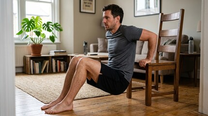 Fototapeta premium Man performing triceps dips on a chair at home. Athletic male doing bodyweight exercise in living room. Fitness and healthy lifestyle concept