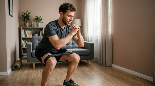 Young man doing squats with resistance band at home. Athletic male exercising in living room. Strength training and fitness concept