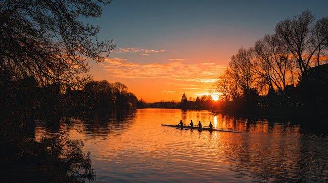 Four rowers glide on a serene river bathed in a vibrant sunset
