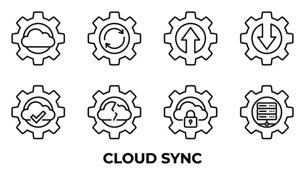 Cloud sync gear icons set showing settings for data processing and server configuration adjustments.