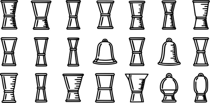 Cocktail Jiggers Line Art Icons Set, Bar Tools, Bartending Equipment, Vector Illustration
