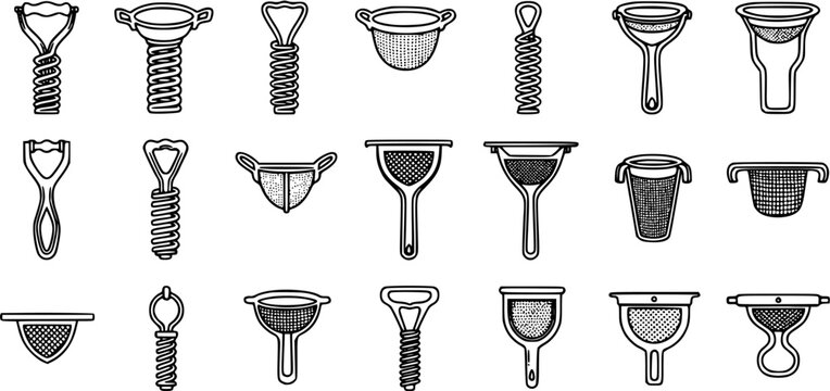 Kitchen Utensils Black and White Line Art Icons Set. Food Preparation Tools, Strainers, Peelers, and Sieves in Outline Style. Cooking Equipment Collection.