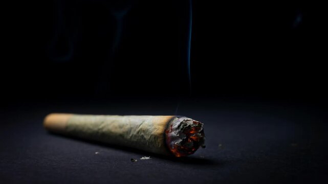 Close up of a lit burning joint with smoke on dark background for cannabis and marijuana concept
