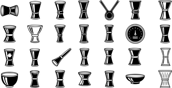 Black and White Vector Icons of Musical Instruments and Tools, Percussion Drums, Bowls, Speedometer