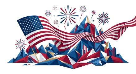 Obraz premium Patriotic American flag illustration, a dynamic display of red, white, and blue geometric shapes, celebrating national holidays and freedom isolated on White Background