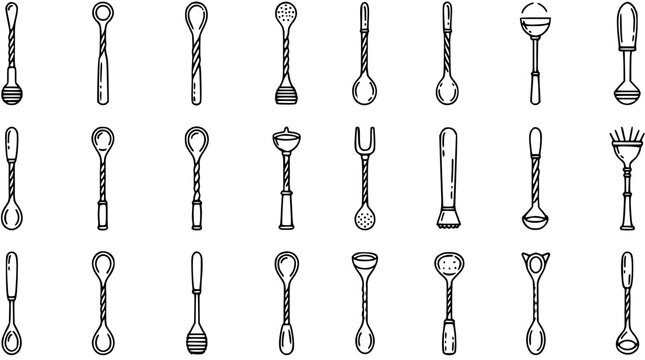 Barware Vector Line Art: Diverse Set of Bartending Spoons, Stirrers, and Muddlers for Cocktails