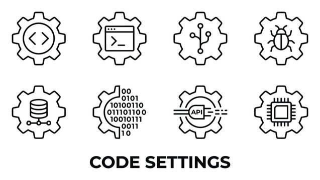 Collection of digital code setting icons representing programming development and technology concepts.