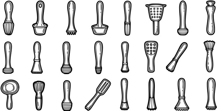 Black and White Line Art Bartending Tools and Muddlers Icons Set for Cocktail Mixology and Bar Service Design