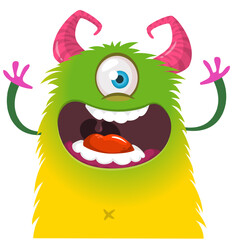 Fototapeta premium Cartoon cute and funny monster with scary face expression waving hands . Vector illustration isolated on white. For Halloween party decoration design