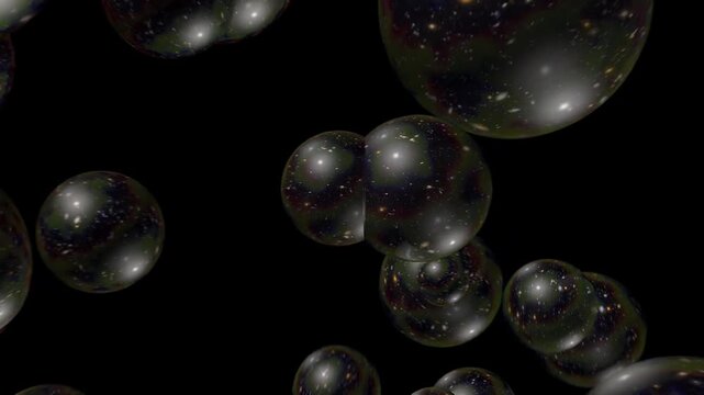 Animation of the multiverse theory showing multiple bubble universes expanding. Infinite parallel worlds multiplying and floating in the fabric of deep space and time.