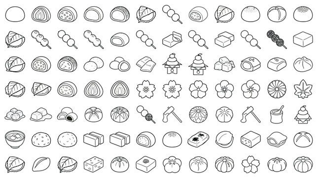 Collection of Japanese Desserts and Sweets Icons in Outline Style.