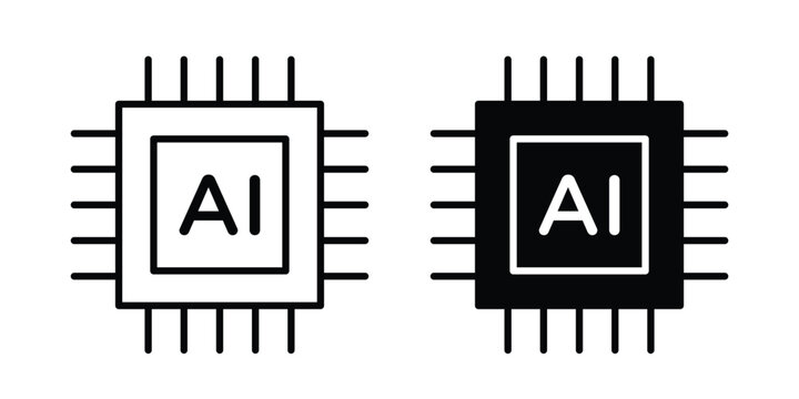 AI processor chip icon clipart and thin stroke versions pack