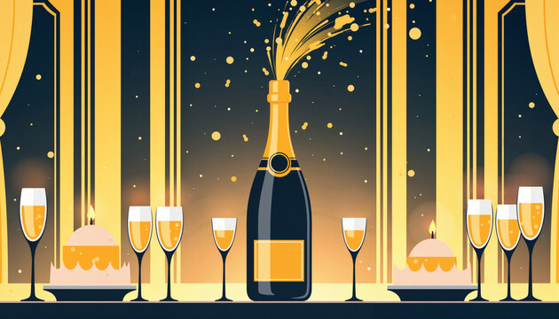 Champagne bottle exploding with celebratory drinks and desserts  