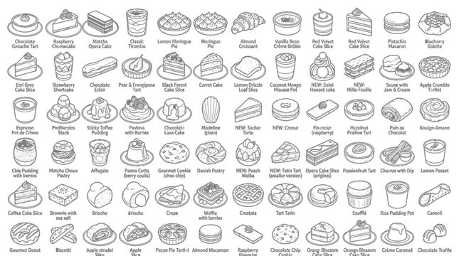 Collection of Hand-Drawn Desserts and Pastries in a Grid Layout.