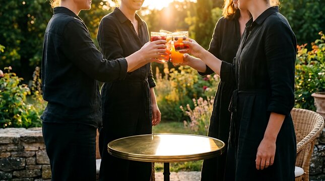 Four women in black clothes toasting with colorful drinks in garden at sunset