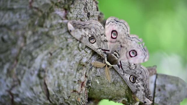 A beautifully composed macro view emphasizing clean visual balance, organic tree textures, and the delicate nature of large nocturnal insects.