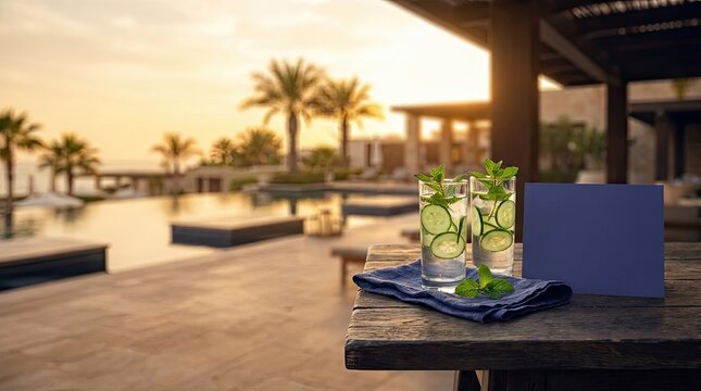 Two detox water glasses with cucumber and mint on table by poolside at sunset