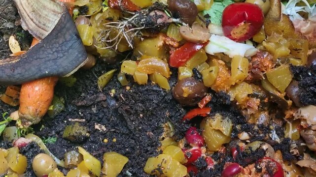 Close-up of organic kitchen scraps like vegetables, fruit, and plant waste inside a compost bin, showing natural decomposition and eco-friendly recycling into nutrient-rich soil, Bern Switzerland