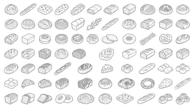 Collection of various types of bread and baked goods in a hand-drawn sketch style, presented in a grid layout.