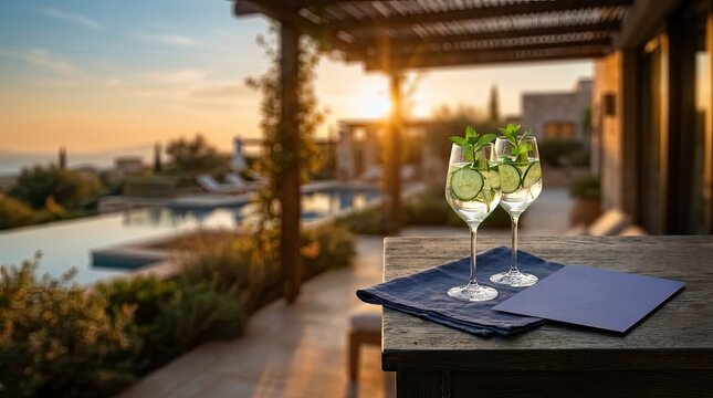 Two refreshing drinks with cucumber and mint by swimming pool at sunset