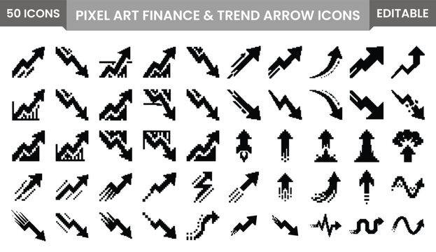 Pixel Art Finance and Trend Arrow Icons Set 50 Editable Vector Symbols for Business Data Growth Charts