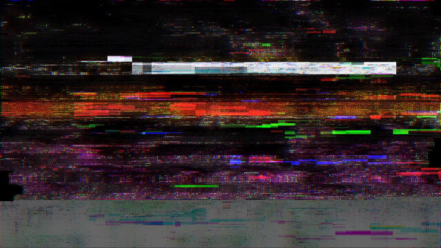 Abstract digital glitch texture on a black background, with distorted neon blue, cyan, green, and purple scan lines, creating a futuristic cyber error effect.