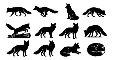 Obraz premium Fox Silhouette Set: Wild Foxes Running, Jumping Over Log, Prowling, Hunting, and Sitting Poses Isolated Vector Predator Clip Art