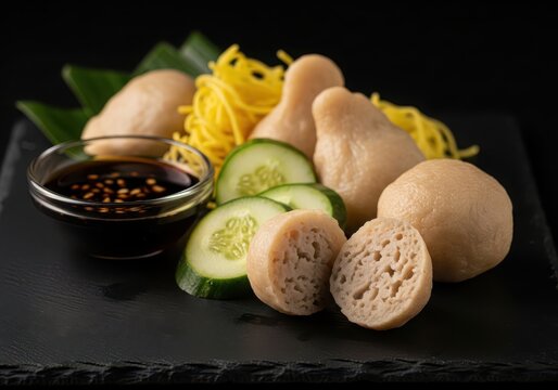 Pempek palembang with cucumber and spicy vinegar sauce