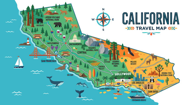 California Travel Map: Illustrated Guide to Attractions, Landmarks, and Wildlife