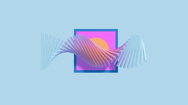 Twisted glass helix forms float horizontally against a minimalist pink square and orange sun graphic for a clean 3D render background