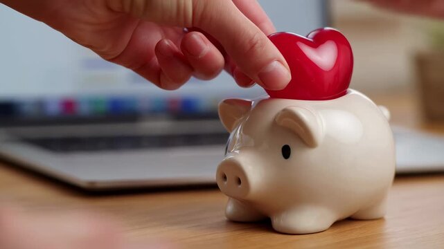 Person placing a red heart on a piggy bank while using a laptop. Symbolizes saving money with love and financial planning for future goals