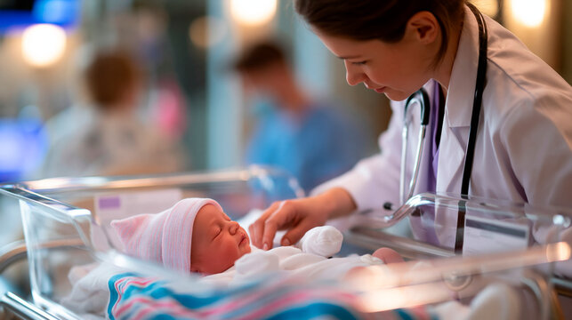 Faceless doctor examines newborn baby in hospital bassinet healthcare concept, newborn examination, hospital setting, infant care, healthcare assessment, with copy space