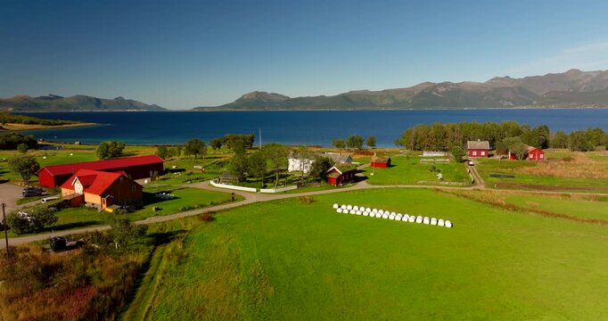 Kvitnes Gaard Farm Facilities, Countryside Wedding Venues, Hadsel Municipality, Norway, Scandinavia, Aerial
