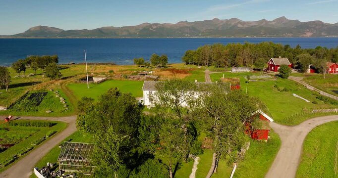 Picturesque Rural Wedding Venues, Kvitnes Gaard Farming Facilities, Hadsel Municipality, Norway, Scandinavia, Close-up Aerial Views