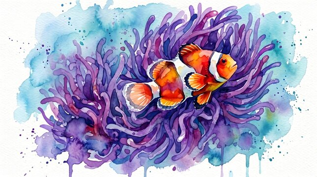 Watercolor clownfish swimming in purple sea anemone, vibrant tropical reef fish illustration, artistic marine life painting on white background