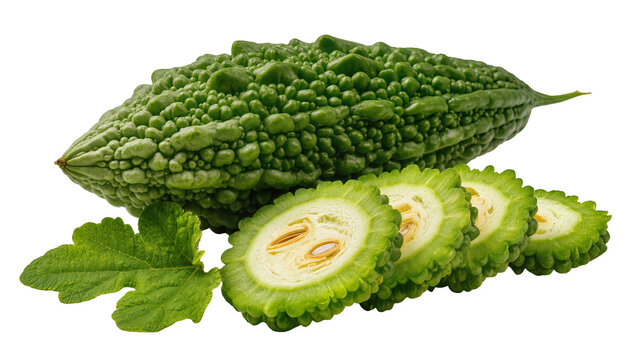 Green bitter melon gourd with sliced pieces and leaf