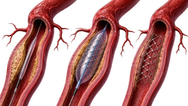 percutaneous coronary intervention (PCI) in a coronary artery with eccentric atherosclerotic plaque. Three-stage: demonstrates balloon angioplasty, stent deployment, and restored arterial lumen.