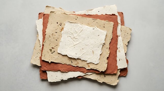 Stack of torn paper sheets in various colors and textures