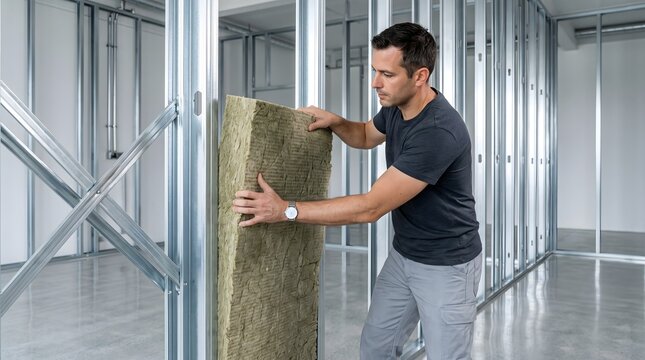 Professional worker installing mineral wool insulation into metal studs inside a modern building construction site showing energy efficiency building lifestyle concept