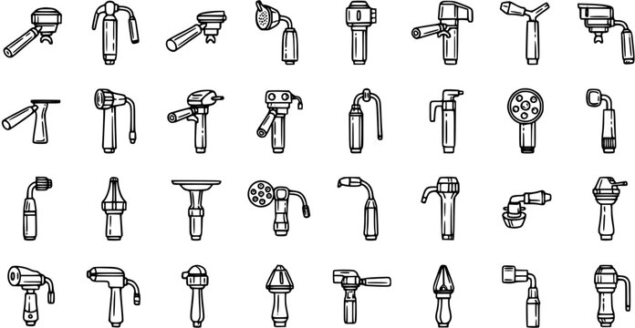 Medical Diagnostic Instruments Outline Icons Set: Otoscopes, Ophthalmoscopes, and ENT Tools for Healthcare and Examination.