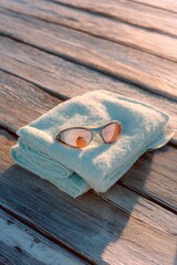 Obraz premium Swimming goggles resting on a light blue towel placed on a wooden pier. Summer recreation and sport concept. Outdoor activity preparation for swimming at the beach or a pool deck.