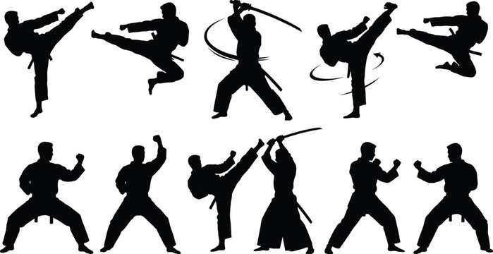 Black silhouettes of martial artists performing karate kicks and sword fighting poses with katana blades on a white background