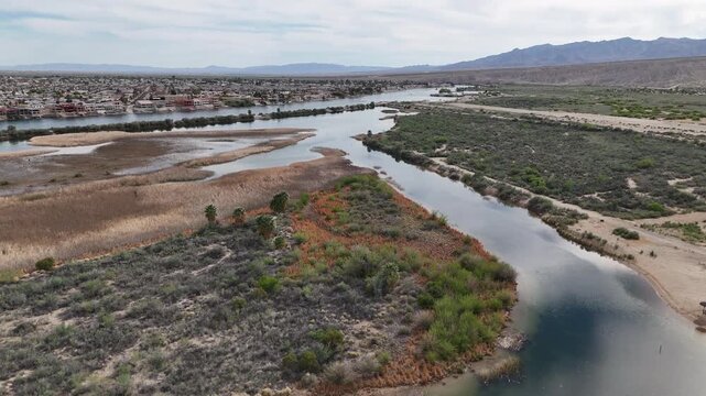 Laughlin Nevada USA, Drone Shot of Big Bend of Colorado River Recreational Area, Park and Buildings