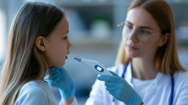 Faceless pediatrician examines child's throat doctor checks temperature healthcare concept, throat examination, temperature check, vital signs, pediatric care, with copy space