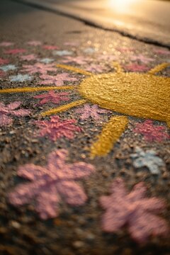 Child drawing of yellow sun and pink flower on asphalt pavement. Creative colorful outdoor sidewalk chalk art during sunny day. Childhood hobby and creative game concept.