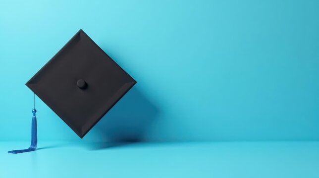 A single academic cap with a blue tassel rests on a light blue background, symbolizing the culmination of education and the commencement of a new chapter