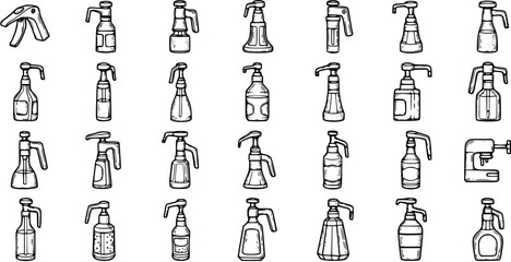 Fototapeta premium Black White Line Art Hand-Drawn Icons: Diverse Spray Bottles, Pump Dispensers Liquid Containers for Household, Cleaning, Beauty