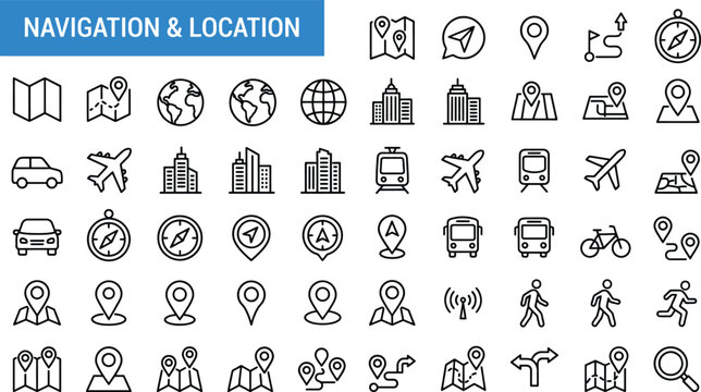Navigation and location set featuring black line symbols of maps globes transportation vehicles buildings compasses g p s pins and pedestrian movement on a white background