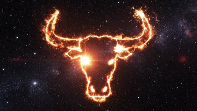 Flaming taurus zodiac sign forming from fire and sparks in starry space. Ideal for horoscope videos, fantasy backgrounds, or content about the bull constellation and cosmic destiny